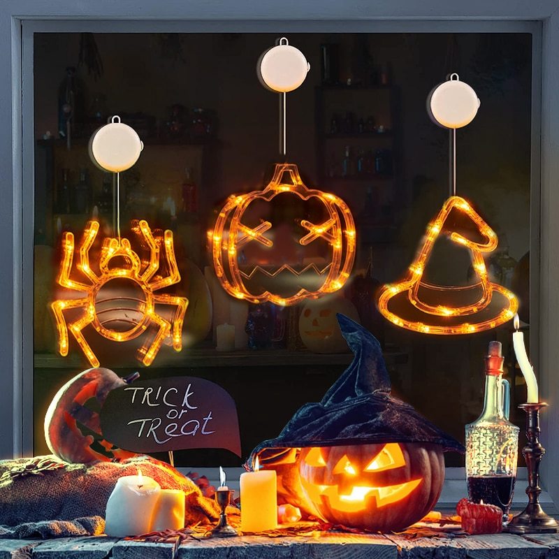 LED Halloween Hanging Lights – Ghost, Spider & Pumpkin Window Decorations for Party & Home